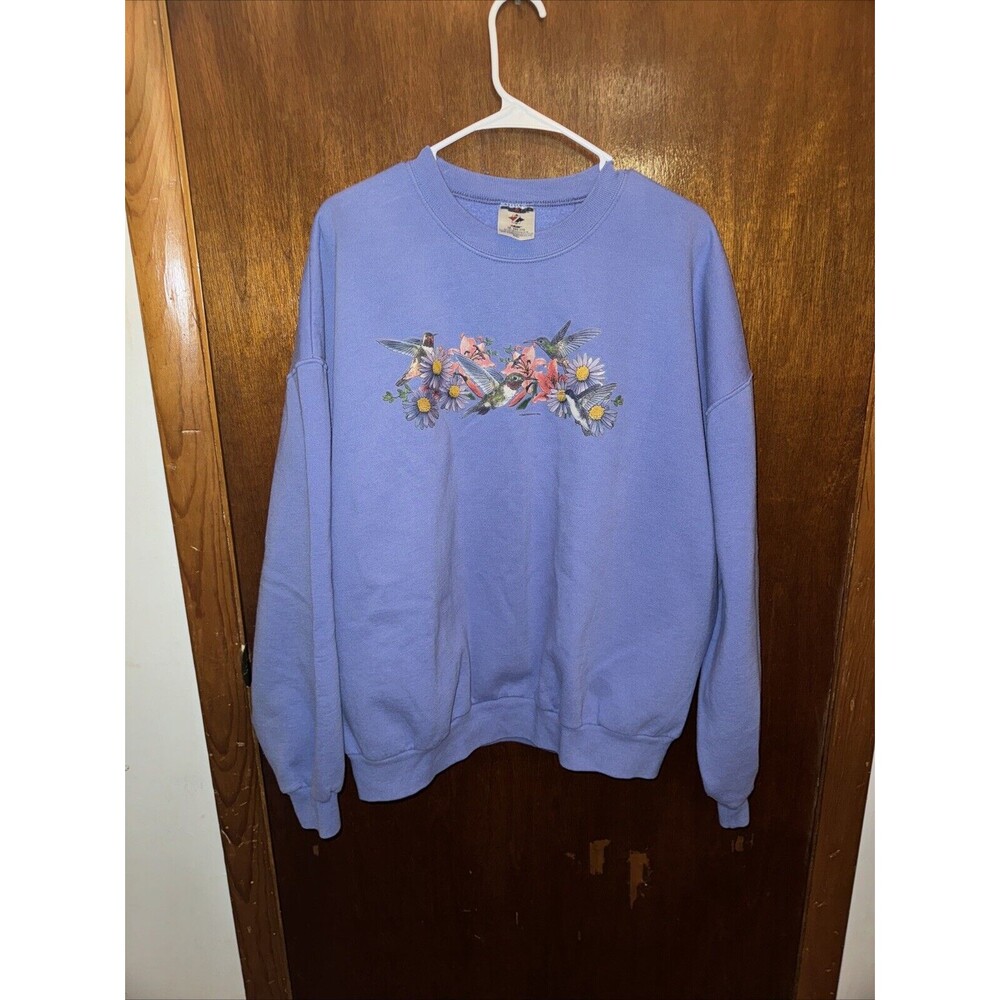 VTG Jerzees Womens Blue Hummingbird Print Sweater Size 2X Grandmacore